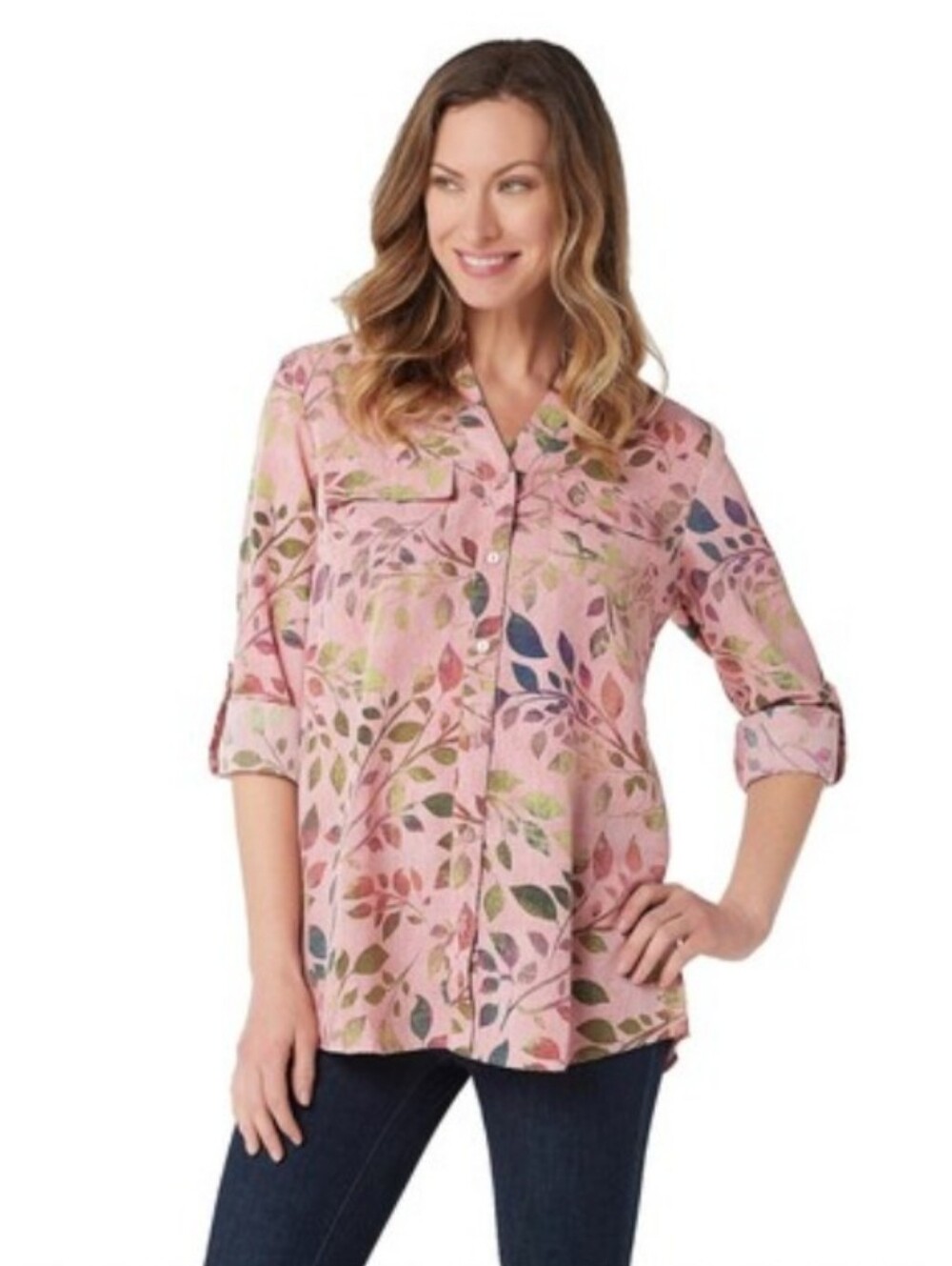 Printed Leaf Motif Womens Tunic Top Button Up Roll Tab Sleeve Pink Size L Office